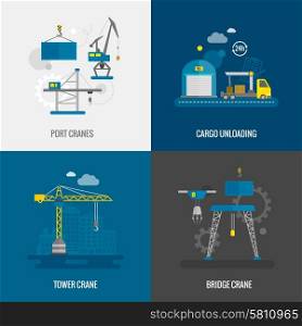 Lifting equipment design concept set with port tower bridge crane flat icons isolated vector illustration. Lifting Equipment Flat Set