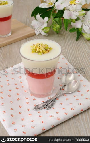 Light and refreshing strawberry yogurt dessert with pistachios