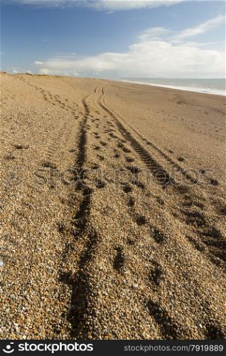 Light and shadow, beach made of pebbles with tracks converging into distance.