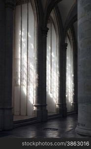 light and shadow formed by pilars in cathedral of dutch town breda