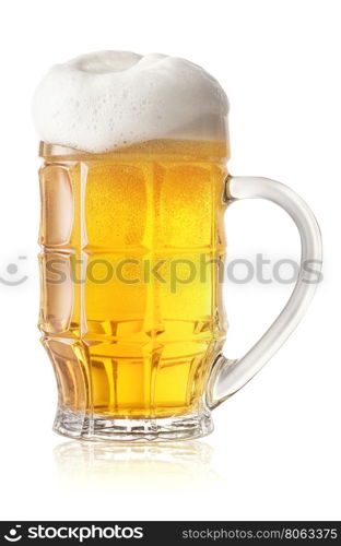 Light beer glass with thick white foam isolated on white background. Light beer glass with thick white foam