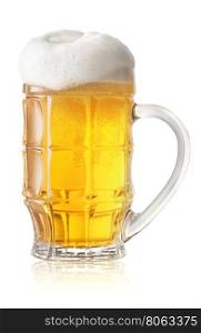 Light beer glass with thick white foam isolated on white background. Light beer glass with thick white foam
