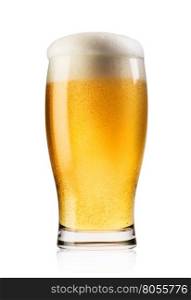 Light beer with the foam poured into glass isolated on white background. Light beer with the foam poured into glass