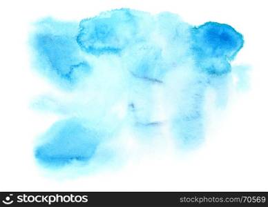 Light blue abstract watercolor stain on paper isolated over the white background