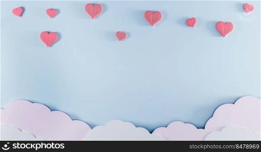 Light blue background with paper clouds and pink hearts. Valentine’s Day and baby birth background concept. Kids Birthday background. Mother day background. Mockup, template