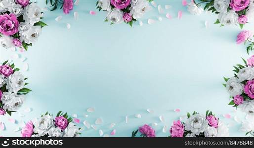 Light blue background with white and purple peonies and flower petals from top view. Wedding invitation concept. Mother day, Birthday, Valentine’s Day background mockup. Flat lay.  3d rendering