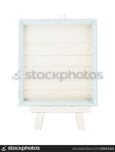 Light blue country rustic style wood frame with canvas layer on white wood easel isolated on white background,Template for add photo