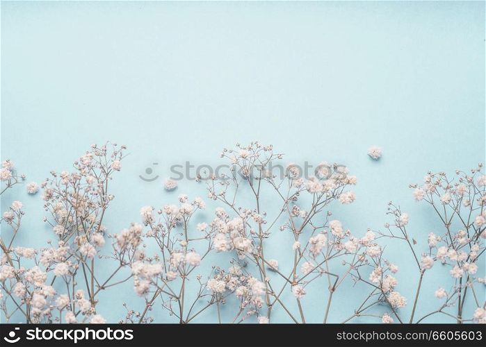 Light blue floral background border with white Gypsophila flowers. Baby&rsquo;s-breath flowers on pastel blue desktop. Flat lay spring and summer