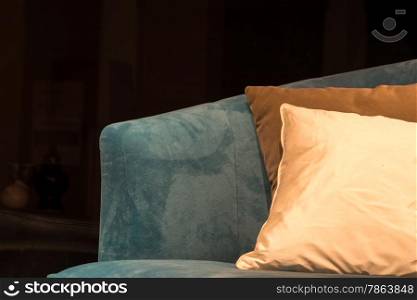 Light Blue Sofa with Briown &amp; Biege Cushions