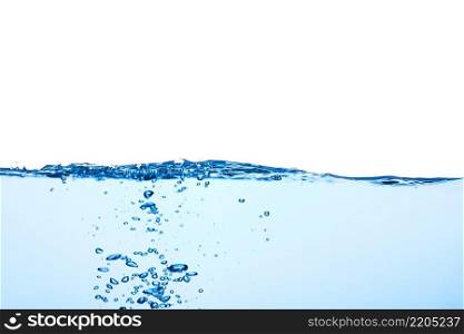 Light blue water wave with air bubbles and a little bit splashed underwater, studio shot isolated on white background. The abstract clean surface on liquid