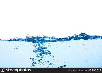 Light blue water wave with air bubbles and a little bit splashed underwater, studio shot isolated on white background. The abstract clean surface on liquid