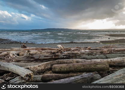 Light breaks through storm clouds onto a Puget Sound shoreline at low tide.