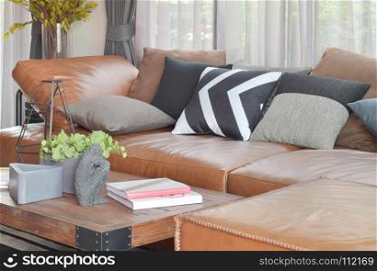 Light brown leather L shape sofa and wood table in modern living room