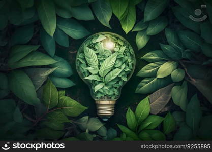 light bulb against nature on green leafs energy sources for renewable, sustainable development. Ecology concept. Neural network AI generated art. light bulb against nature on green leafs energy sources for renewable, sustainable development. Ecology concept. Neural network AI generated