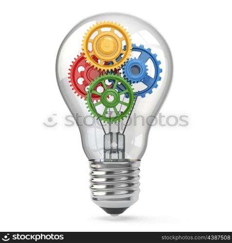 Light bulb and gears. Perpetuum mobile idea concept. 3d