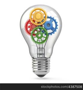 Light bulb and gears. Perpetuum mobile idea concept. 3d