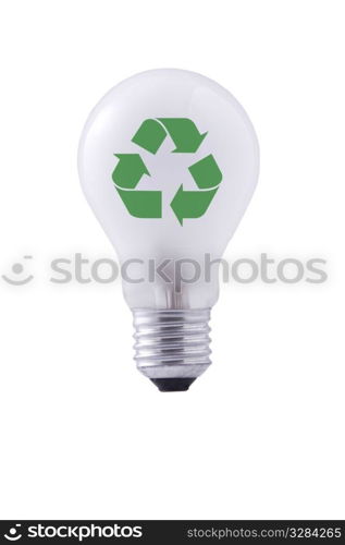 light bulb and green recycling sign on white background