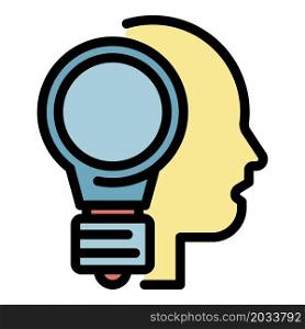 Light bulb and head icon. Outline light bulb and head vector icon color flat isolated. Light bulb and head icon color outline vector