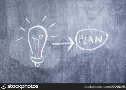 light bulb arrow pointing toward plan drawn chalkboard