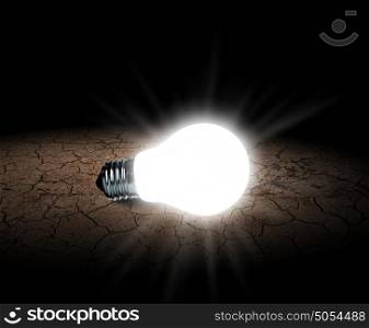 Light bulb. Close up of glowing light bulb in desert