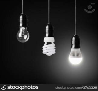 Light bulb,energy saver bulb and LED bulb on black