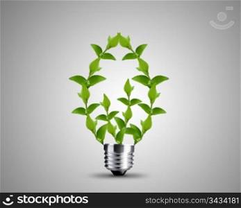 light bulb made from green Leaves , light bulb conceptual Image.