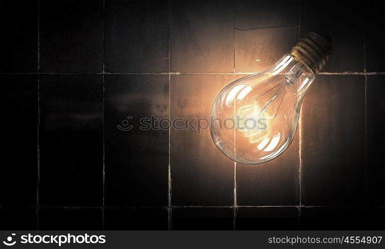 Light bulb on brick surface. Power and energy concept with glass light bulb on brick wall