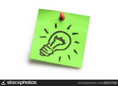 Light bulb on green adhesive notes isolated on white background. Idea concept