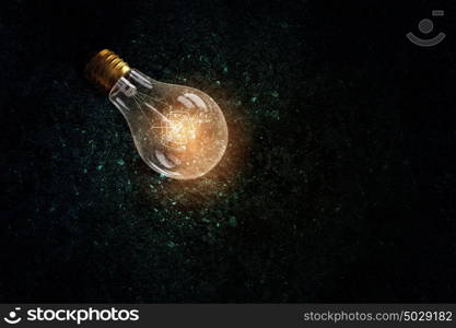 Light bulb on soil. Glass glowing light bulb on soil background