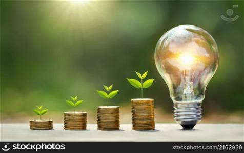 light bulb on wood with young plant growing on coins stack. saving power energy and save money