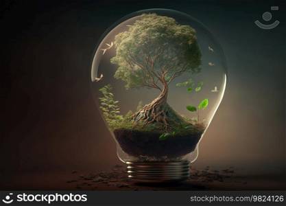 Light bulb with green tree. Illustration Generative AI