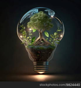 Light bulb with green tree. Illustration Generative AI