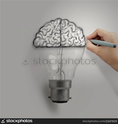 Light bulb with hand drawn brain as creative idea concept 