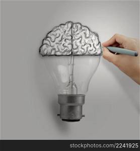 Light bulb with hand drawn brain as creative idea concept 