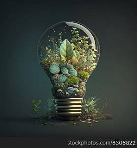Light bulb with plants inside. Concept of green energy saving, renewable and recycling. Generative AI. 