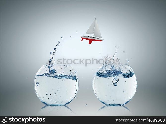 Light bulb with ship. Concept of ecology with light bulb filled with water and boat floating inside
