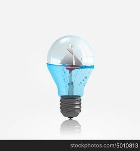 Light bulb with ship. Concept of ecology with light bulb filled with water and boat floating inside