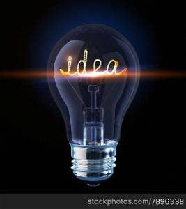 Light bulb with tungsten spiral in form word idea