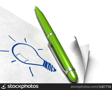 light bulb written on a white page with a green pen on it. solving problem, got an idea