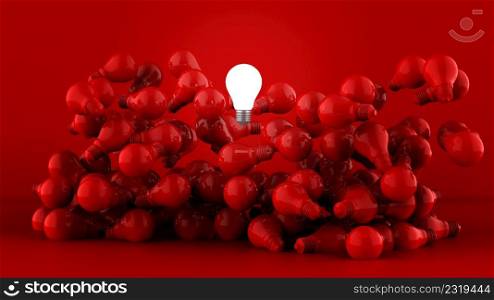 Light bulbs on dark red background. Idea concept. 3D Illustration.