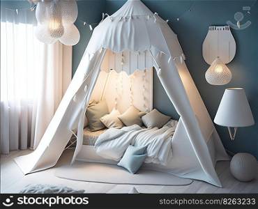 Light-colored children’s bedroom. Scandinavian-inspired interior with soft pillows and light garlands in a cozy kids’ room with a tent canopy bed. Generative AI.