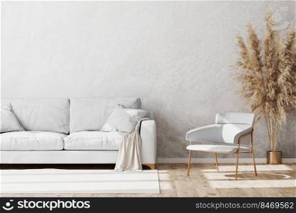 Light coloured minimalistic living room interior mock up with white and gold sofa and armchair with decorative plaster wall and wooden parquet floor, luxury, scandinavian style interior, 3d rendering