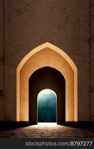 Light end of the tunnel, Mystical building with giant doors 3d illustrated