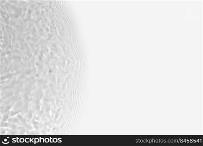 Light gray transparent clear calm water surface texture with splashes, waves and bubbles. Trendy abstract nature background with shadows and lights reflection. Banner with white copy space.. Light gray transparent clear calm water surface texture with splashes, waves and bubbles. Trendy abstract nature background with shadows and lights reflection. Banner with white copy space