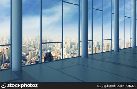 Light hall with glass wall with cityscape