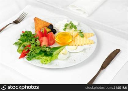 light healthy breakfast served on white tablecloth. light breakfast