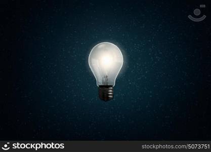 Light in darkness. Glass glowing light bulb on dark background