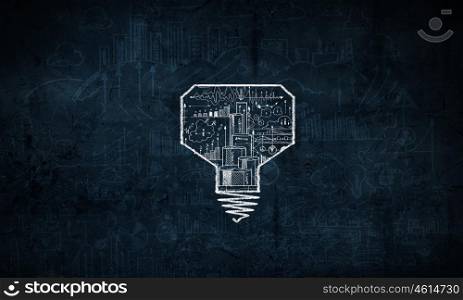 Light in darkness. Light bulb with sketches inside on dark background