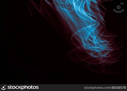 Light painted glowing abstract blue and red curved lines on a black background