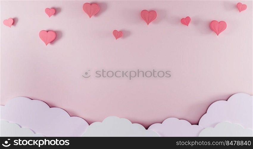 Light pink background with paper clouds and pink hearts. Valentine’s Day and baby birth background concept. Kids Birthday background. Mother day background. Mockup, template